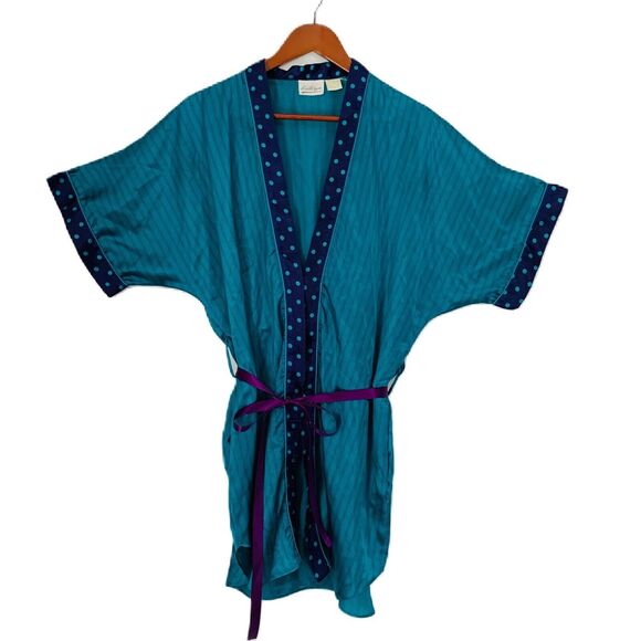 Kathryn Robe Women S Turquoise Purple Stipe Polka Dot Kimono Loungewear Fairy - Picture 1 of 11